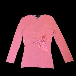 INC Pink Wrap-Front Ribbed Long Sleeve Top